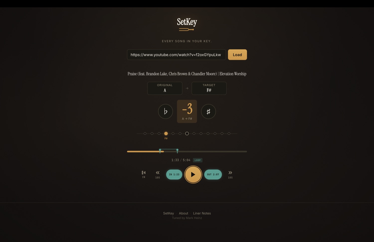 SetKey showing Elevation Worship's Praise transposed from A to F#